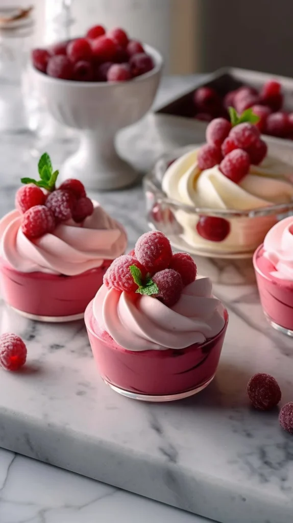 Delicious cranberry mousse cups topped with fresh berries and cream.