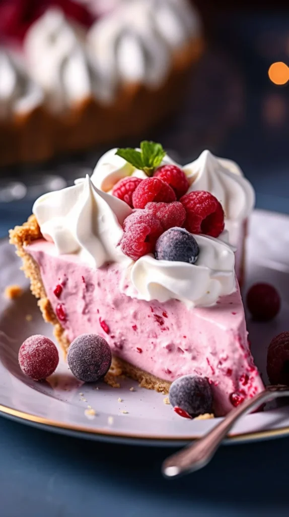 Delicious Cranberry Mousse Pie topped with fresh cranberries and whipped cream