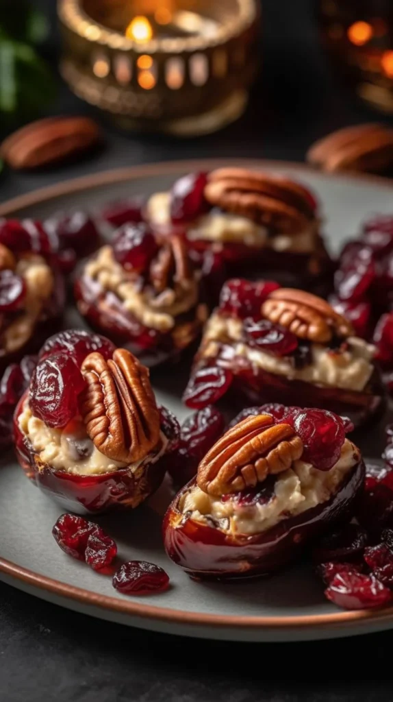 Cranberry Pecan Cream Cheese Stuffed Dates on a white plate