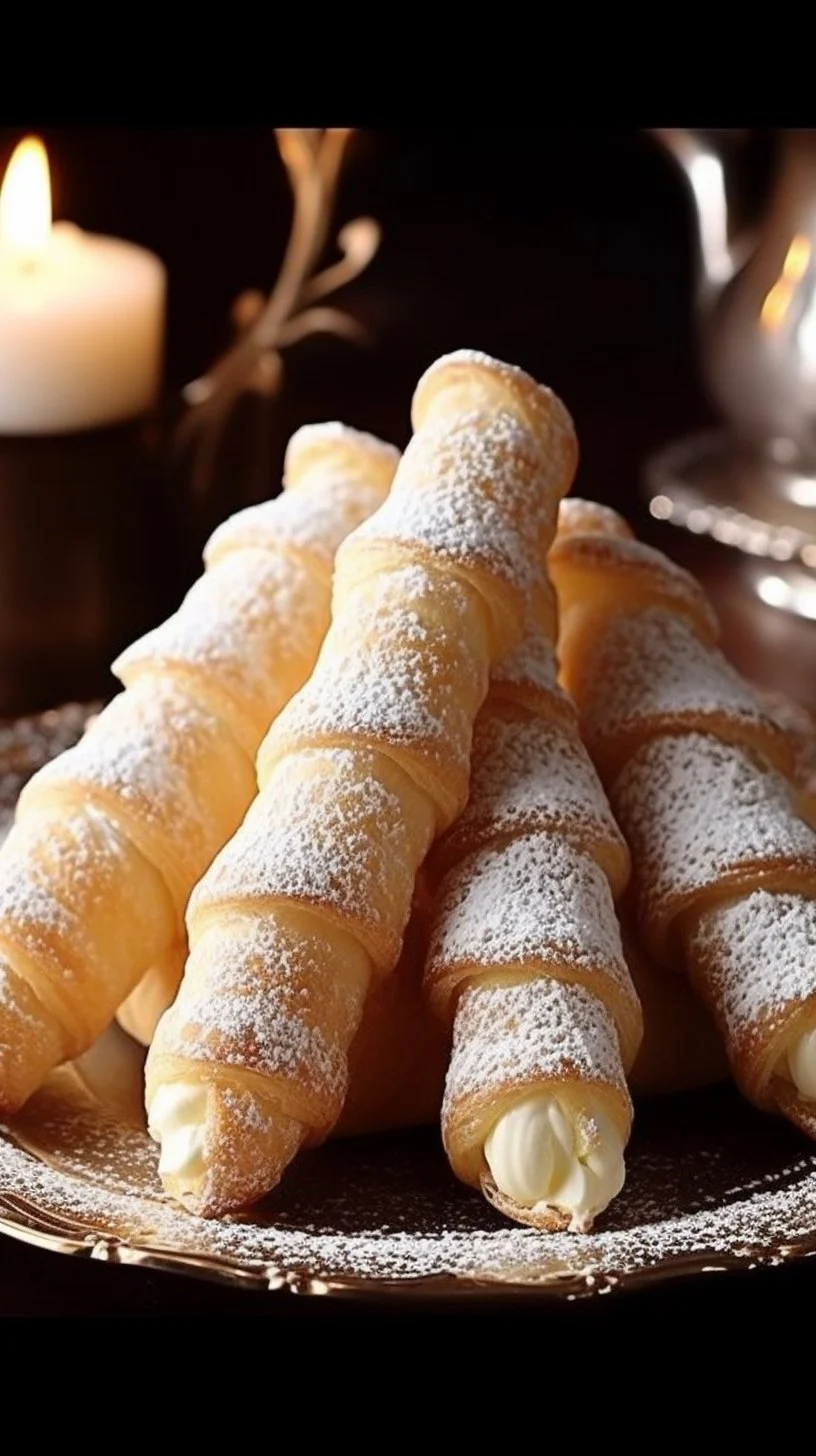Cream horns pastry filled with rich cream, topped with a dusting of powdered sugar.