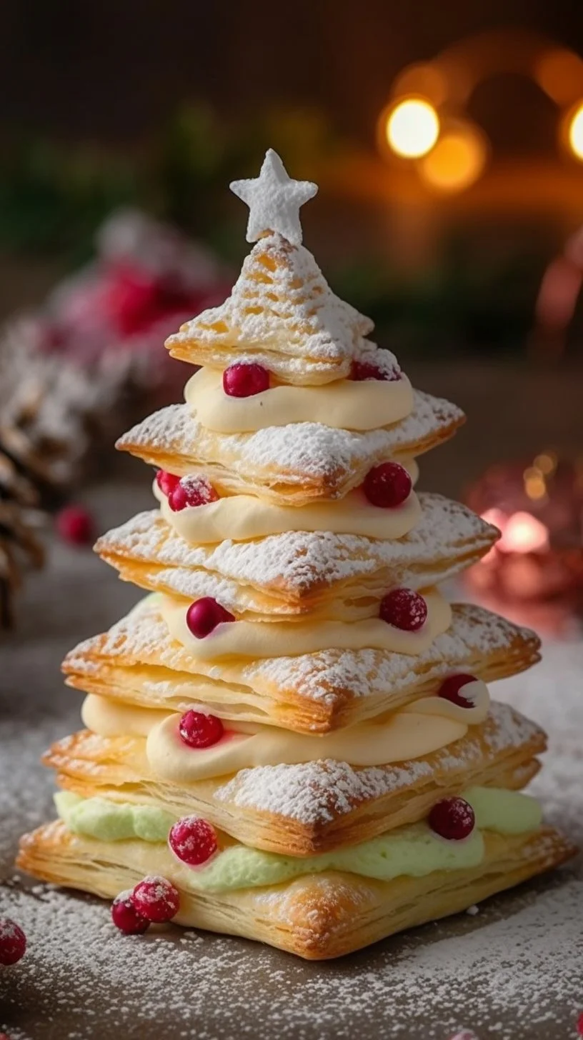 Cream and Jam Puff Pastry Trees on a white plate, beautifully arranged for dessert.