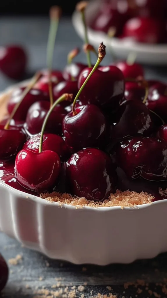 Delicious creamy Cherry Cheesecake Fluff dessert topped with cherry sauce.