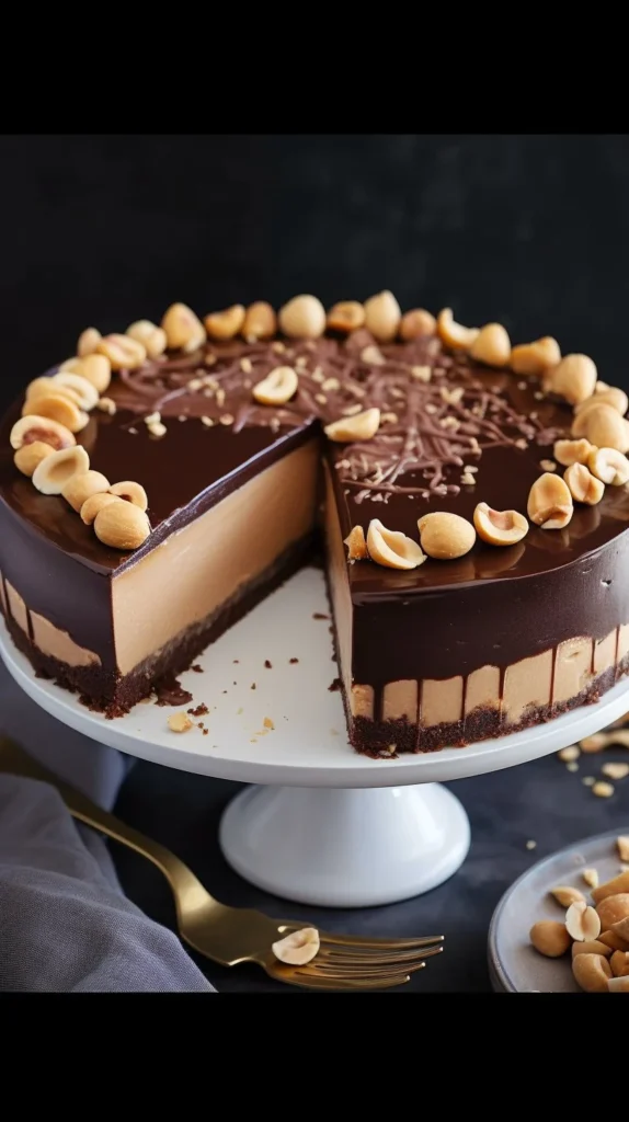 Slices of creamy peanut butter cheesecake topped with whipped cream and chocolate drizzle