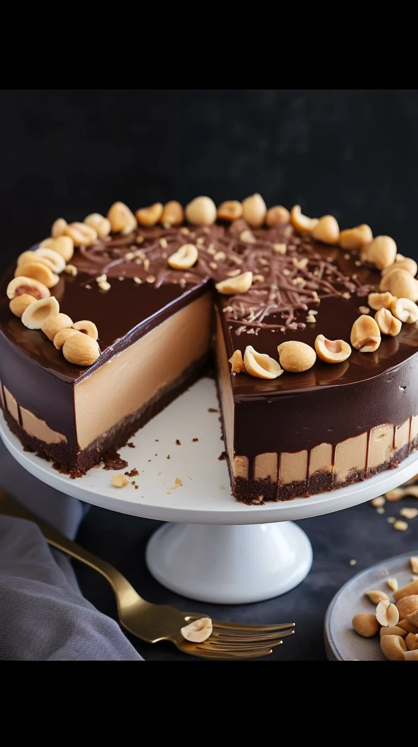 Slices of creamy peanut butter cheesecake topped with whipped cream and chocolate drizzle