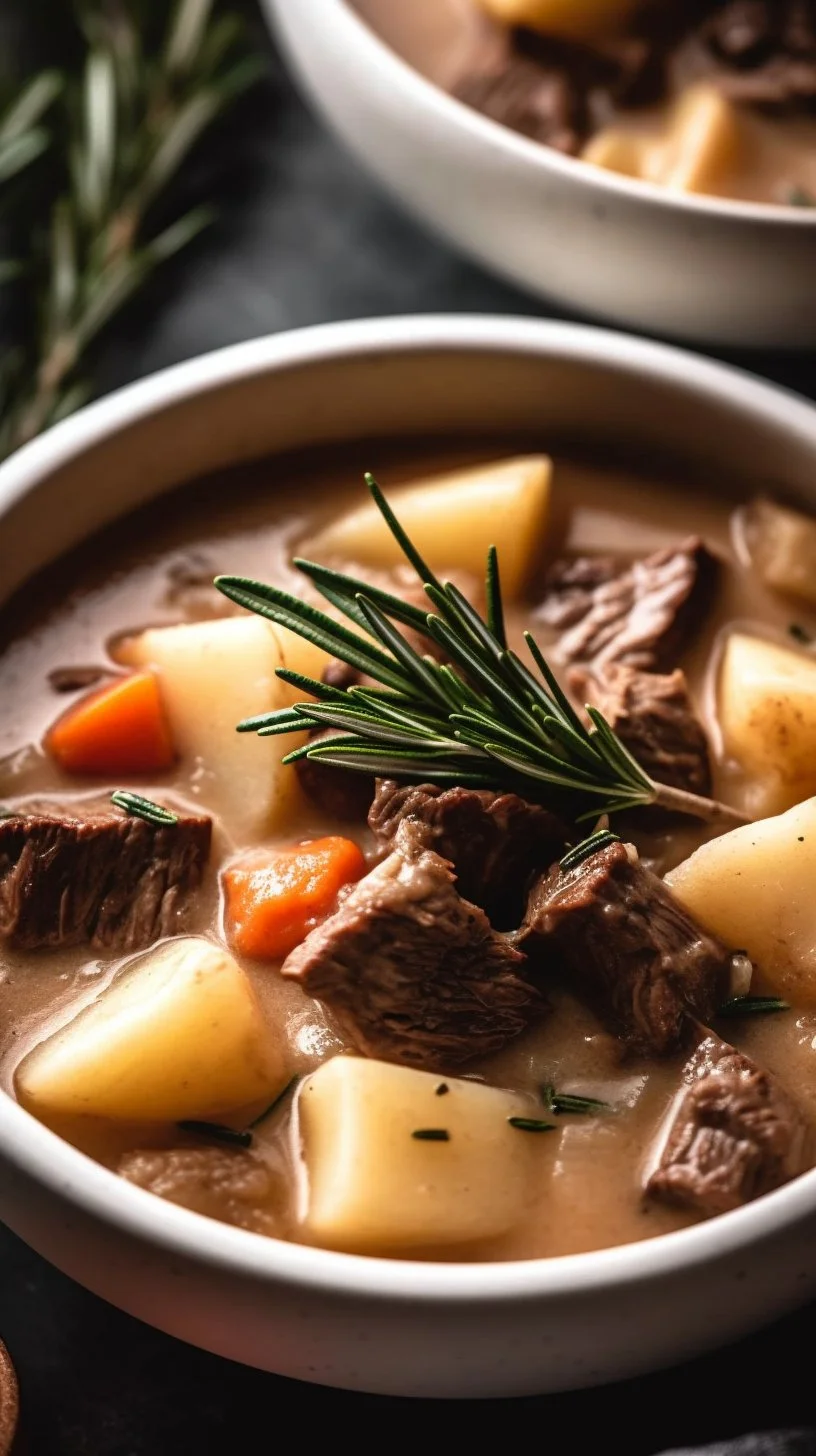 Creamy steak and potato soup in a bowl, garnished with herbs.