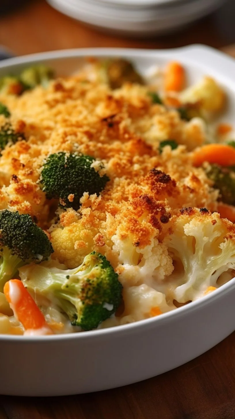 Creamy winter vegetable casserole with a variety of fresh vegetables topped with cheese