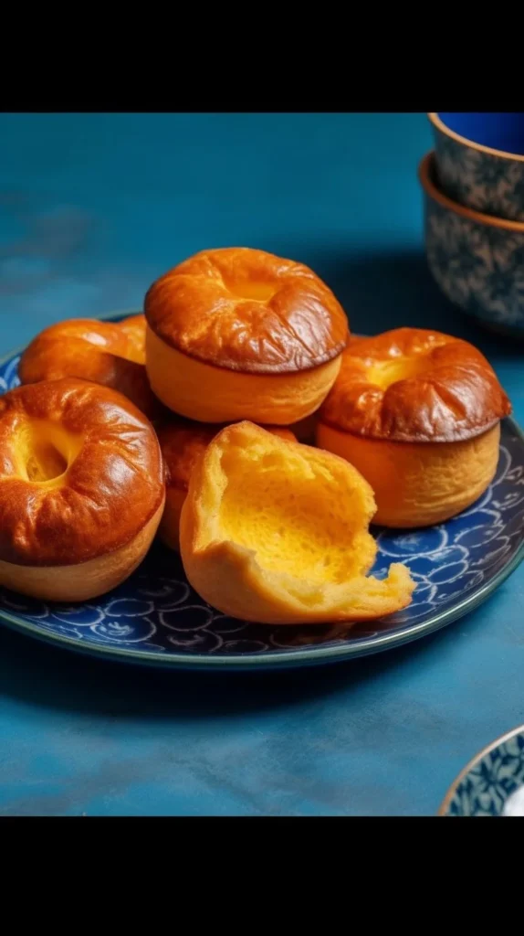 Delicious crispy airy Yorkshire puddings served on a plate