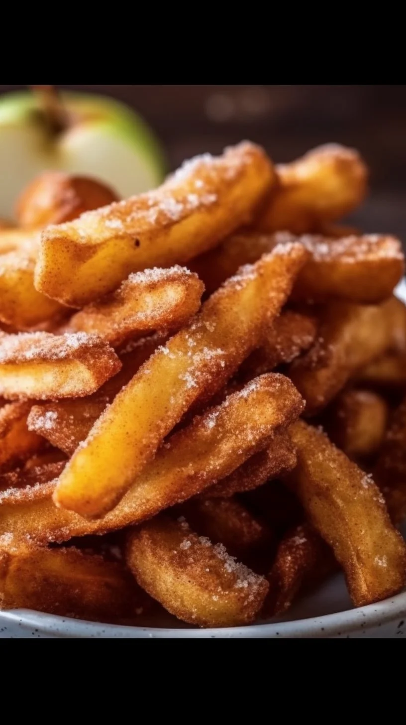 Crispy air fryer apple fries served with a caramel dip