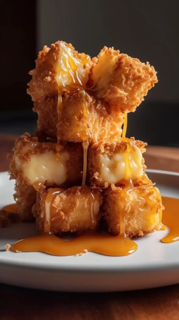 Crispy Brie Bites drizzled with spicy honey served on a plate