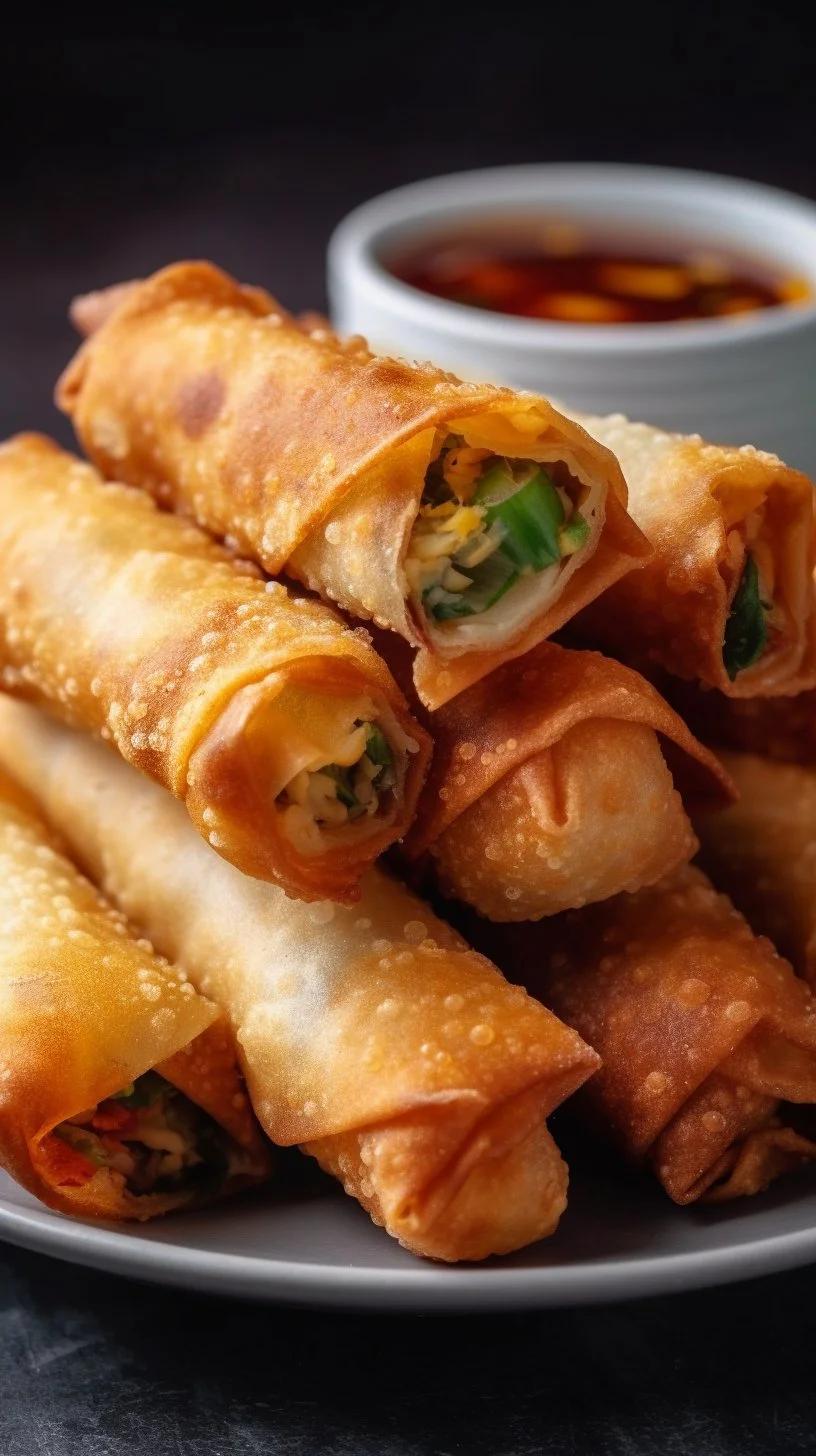 Crispy jalapeno popper egg rolls arranged on a platter with dipping sauce