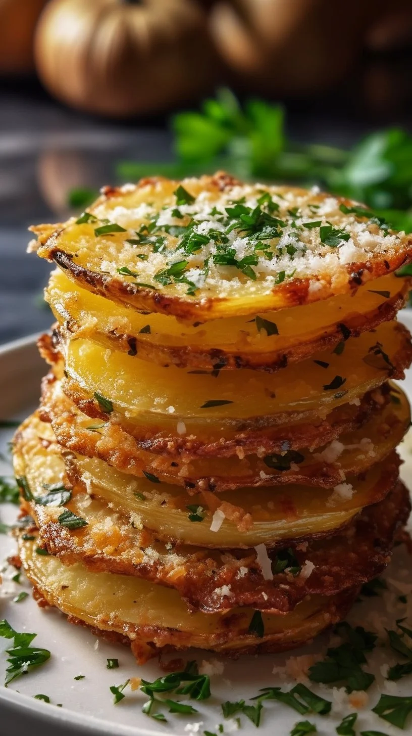 Crispy Parmesan Potato Stacks served on a plate