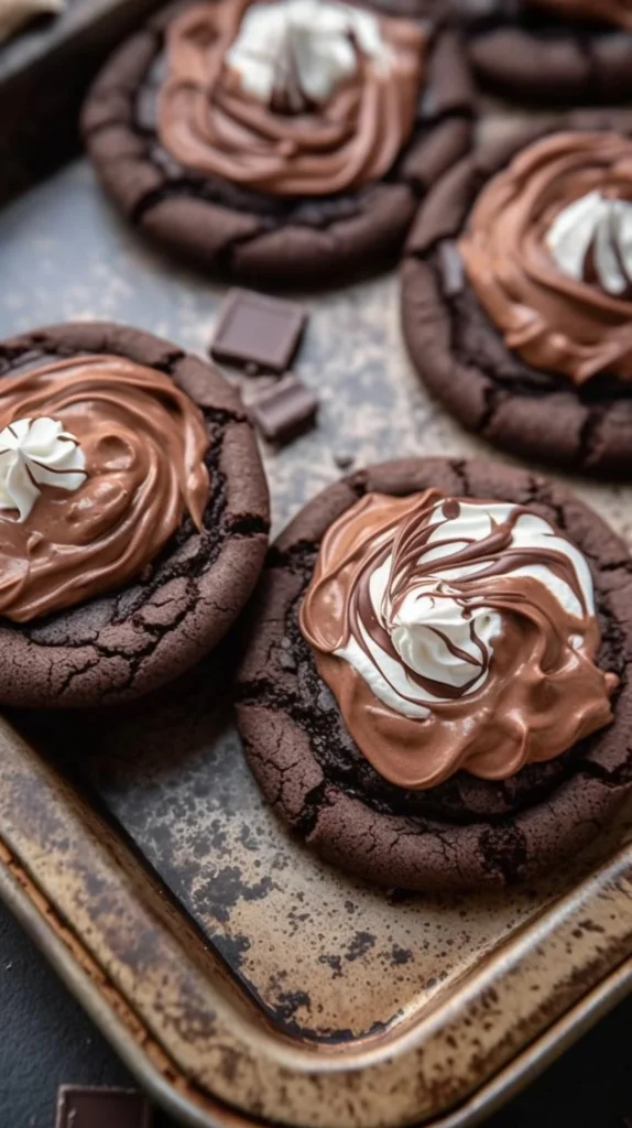 Delicious Crumbl French Silk Pie Cookies with chocolate and whipped cream topping