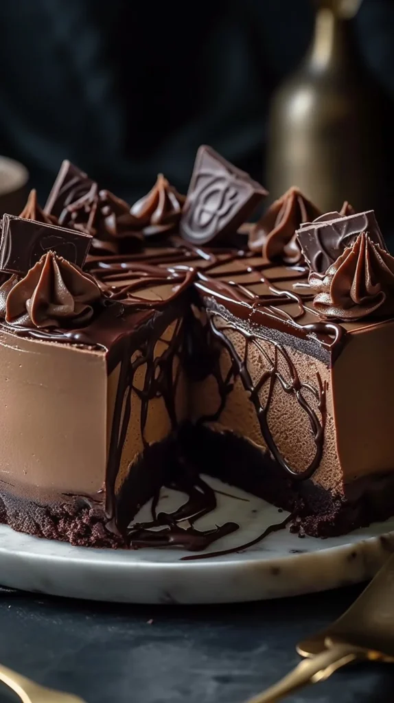 Decadent triple chocolate cheesecake topped with rich chocolate ganache