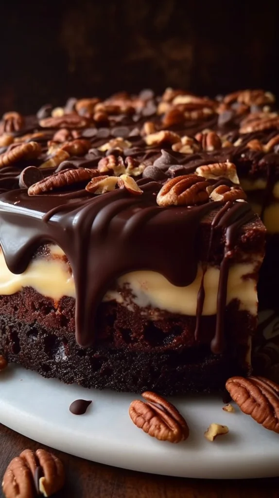 Delicious Earthquake Cake topped with cream cheese and chocolate