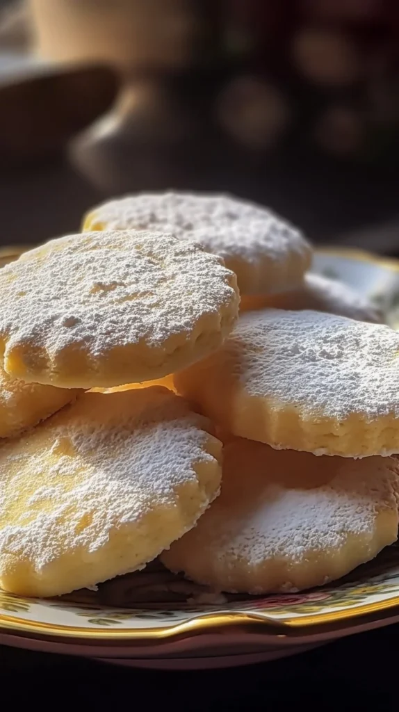 Easiest lemon meltaway cookies on a plate, freshly baked and dusted with powdered sugar.
