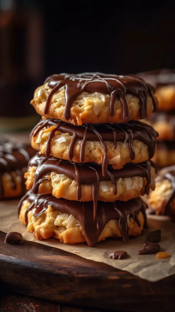 Delicious easy no-bake Samoa cookies with chocolate and coconut topping