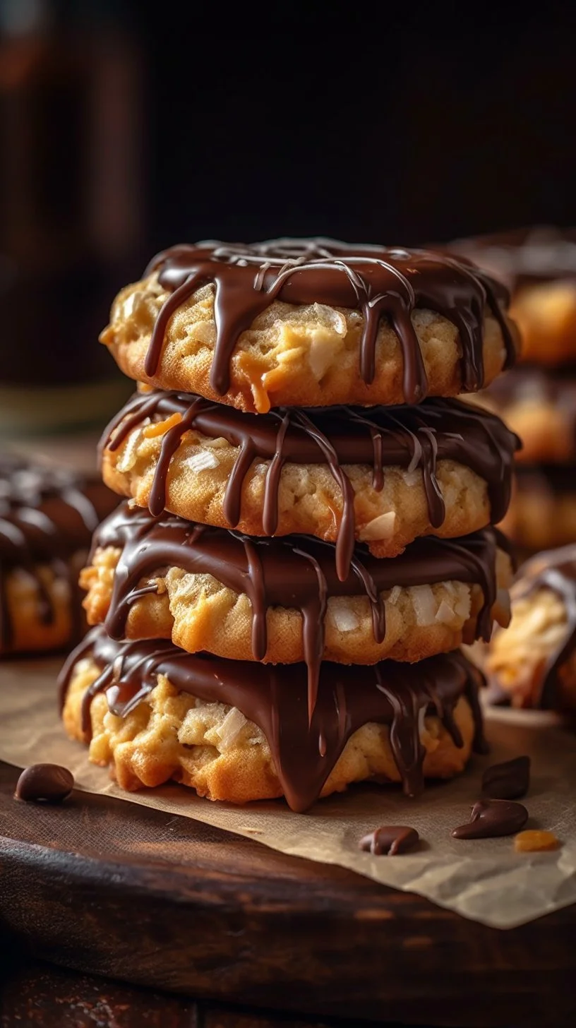Delicious easy no-bake Samoa cookies with chocolate and coconut topping