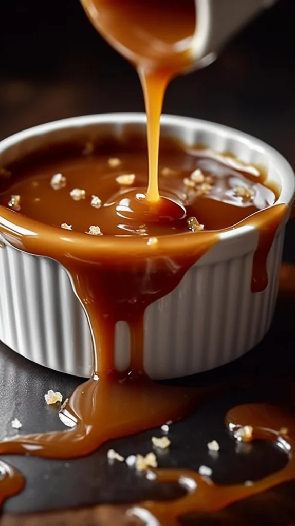 Homemade easy salted caramel sauce in a glass jar with a drizzle
