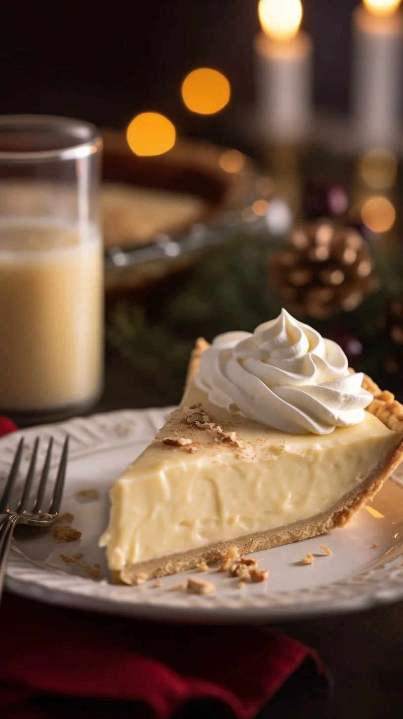 Deliciously creamy homemade Eggnog Pie topped with whipped cream and nutmeg.