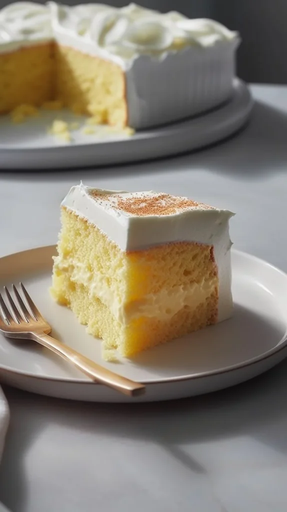 Delicious Eggnog Three Milks Cake topped with cream and festive decorations