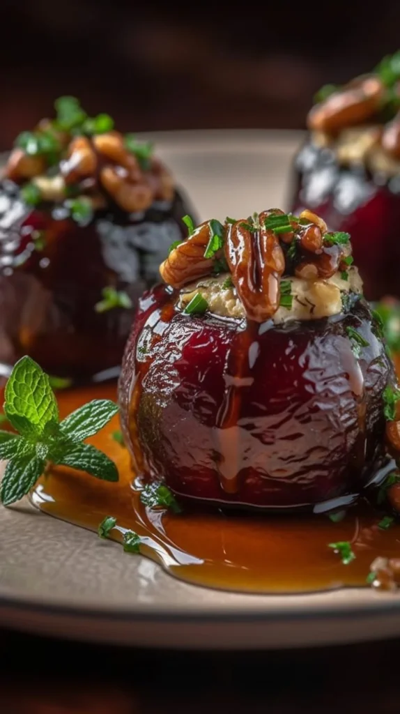 Feta-Parmesan stuffed dates garnished with honey and walnut crunch
