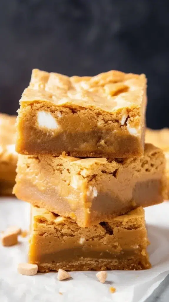 Delicious Fluffernutter Bars stacked on a plate, showcasing peanut butter and marshmallow layers.