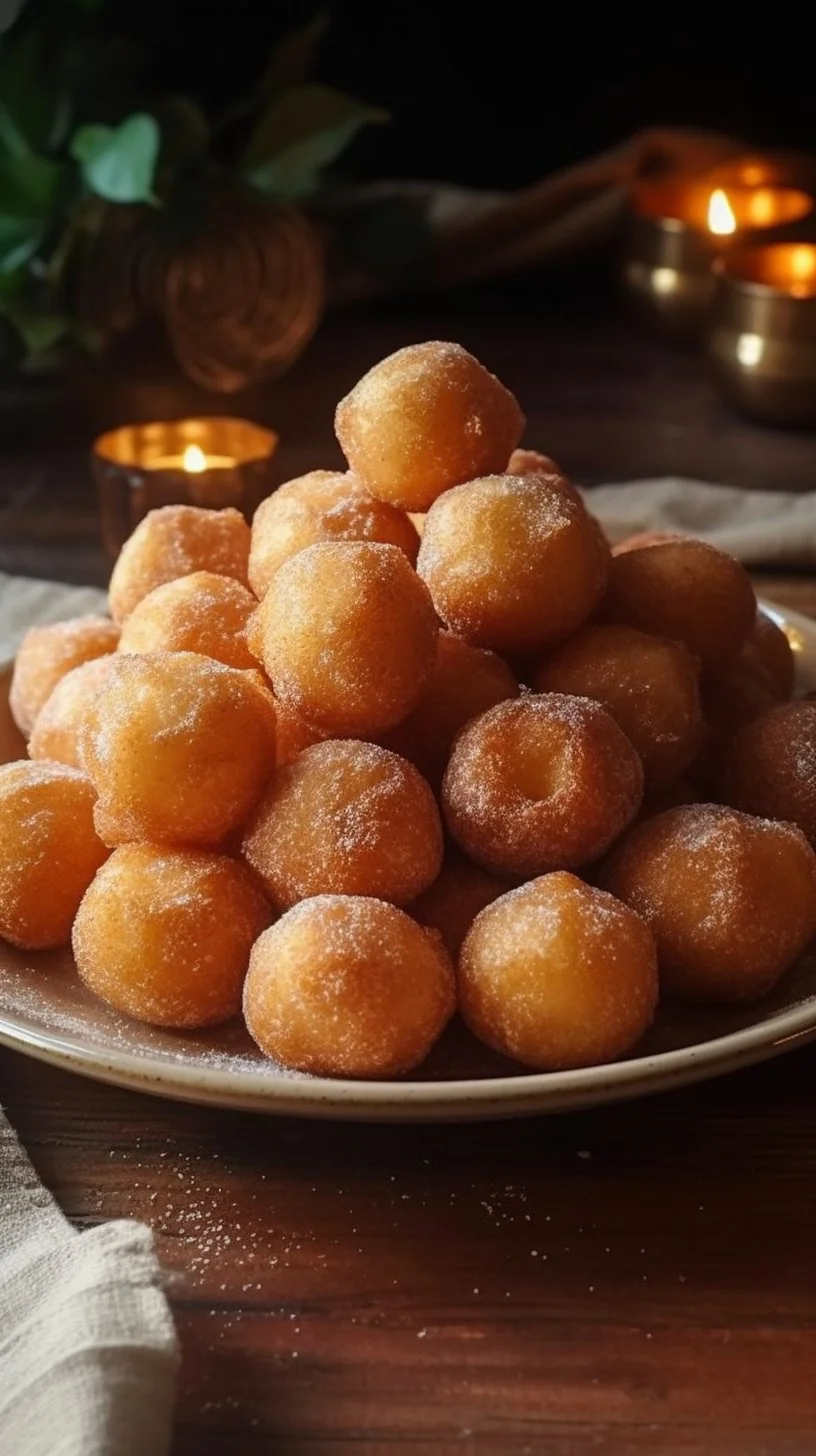 Plate of crispy fried dough balls, golden brown and tempting.