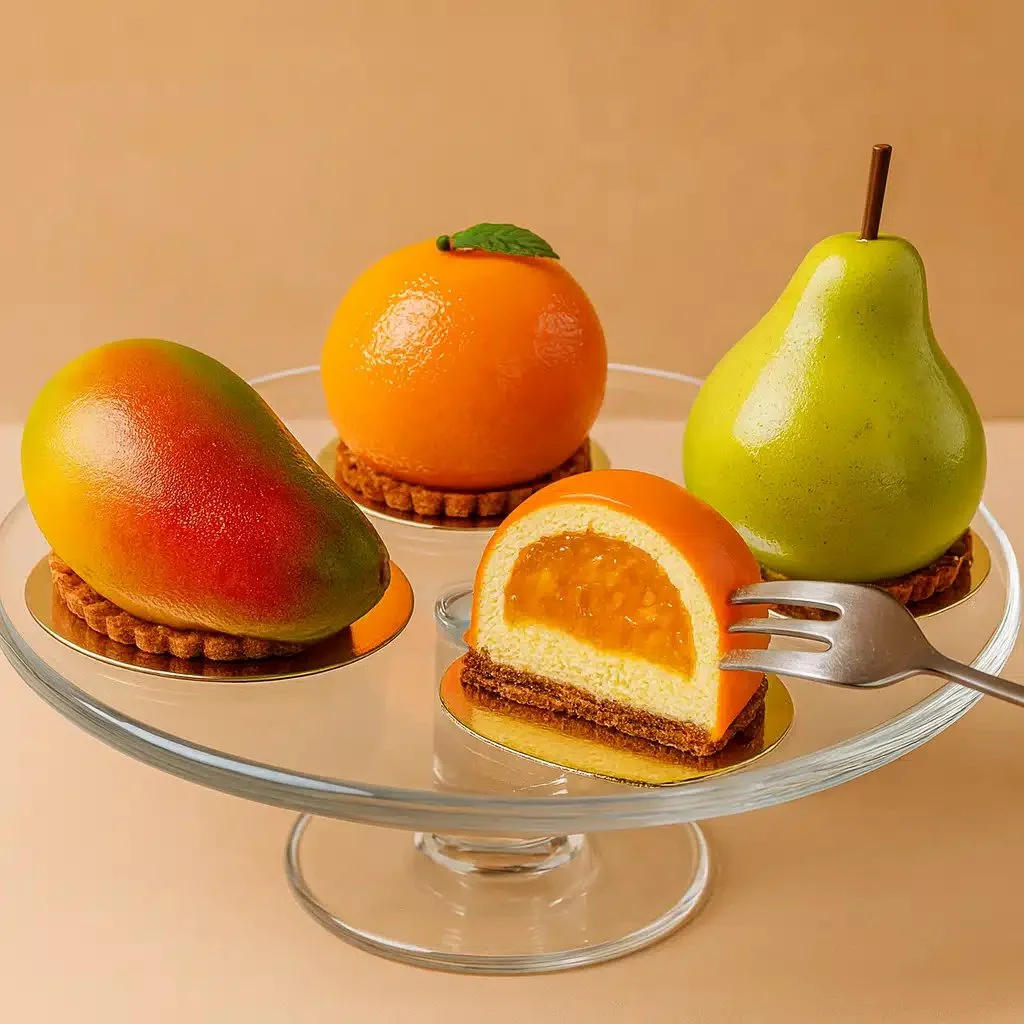 Colorful fruit-shaped desserts arranged beautifully on a platter.