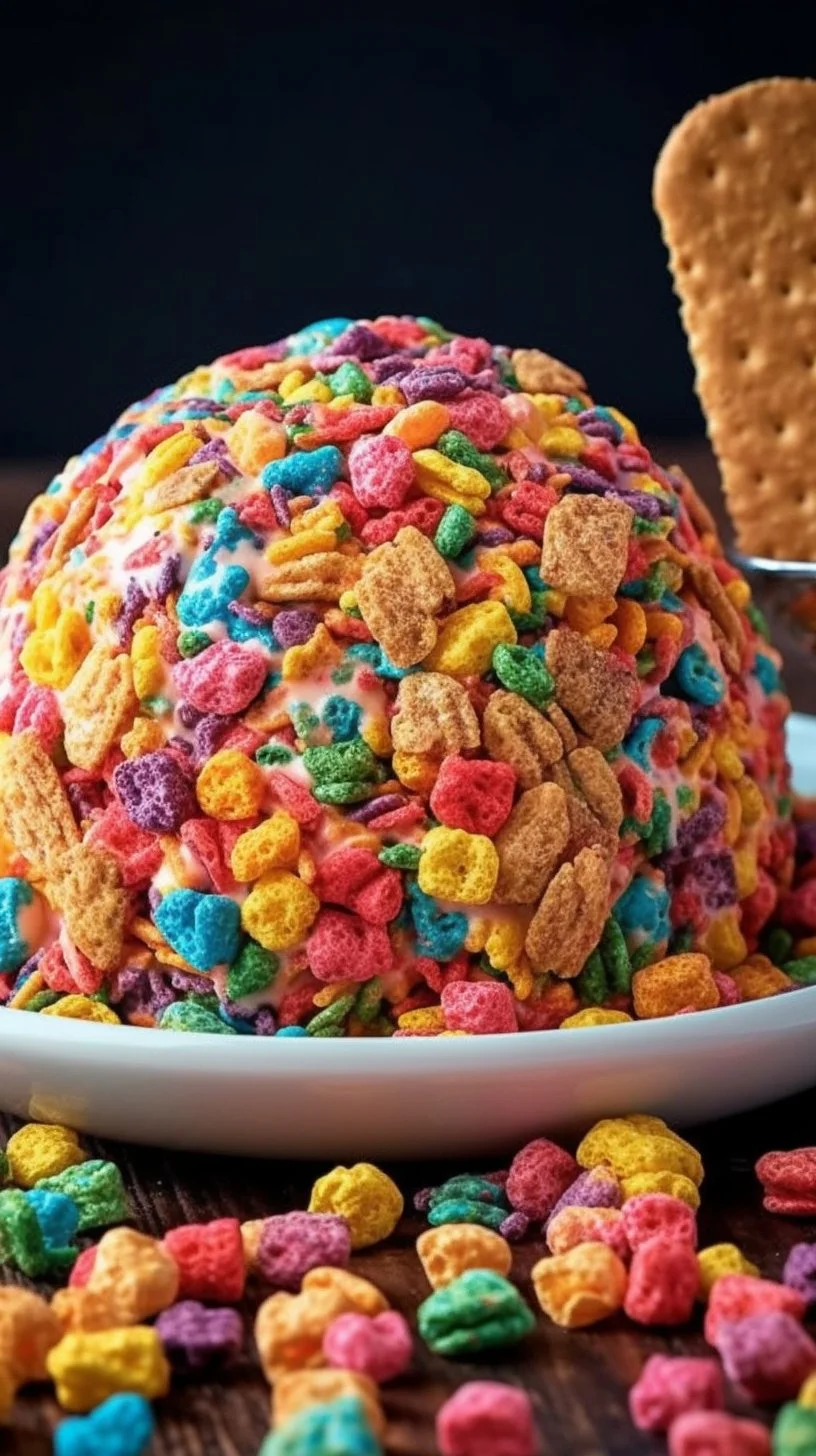 Fruity Pebbles Cheeseball dessert with colorful cereal toppings