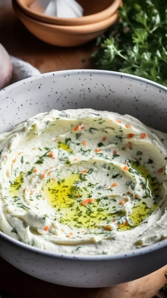 Garden Vegetable Spread served in a bowl, showcasing fresh vegetables and herbs.