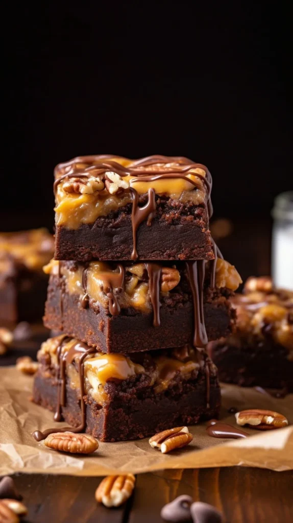 Delicious German Chocolate Brownies with coconut pecan frosting