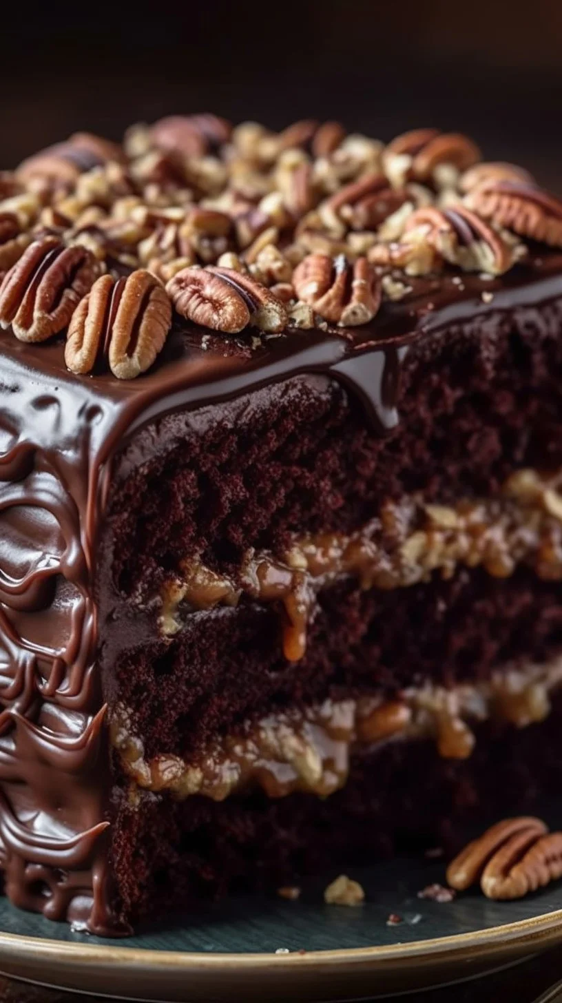 Slice of German Chocolate Cake with coconut-pecan frosting on a plate