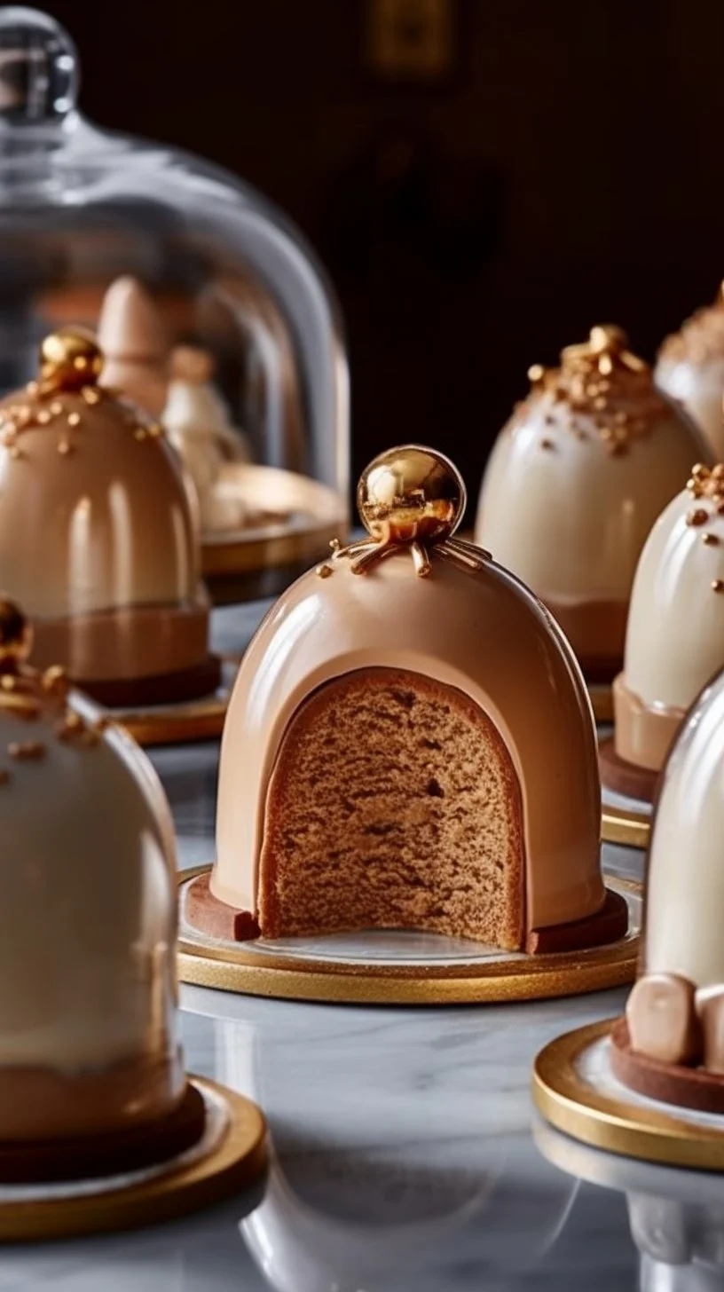 Gingerbread Latte Mousse Domes topped with whipped cream and spices