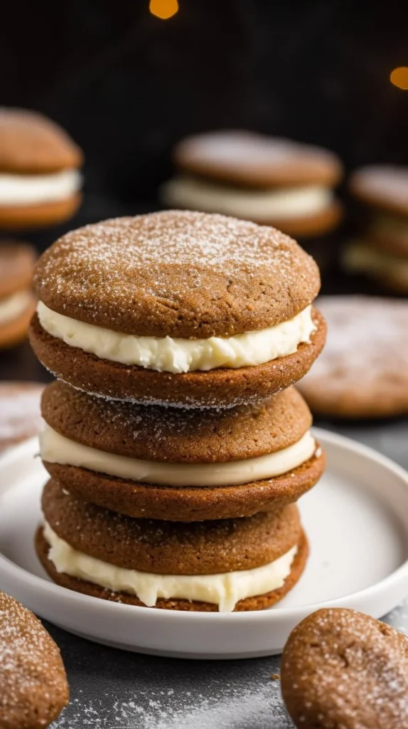 Gingerbread sandwich cookies with lemon buttercream filling on a festive plate.