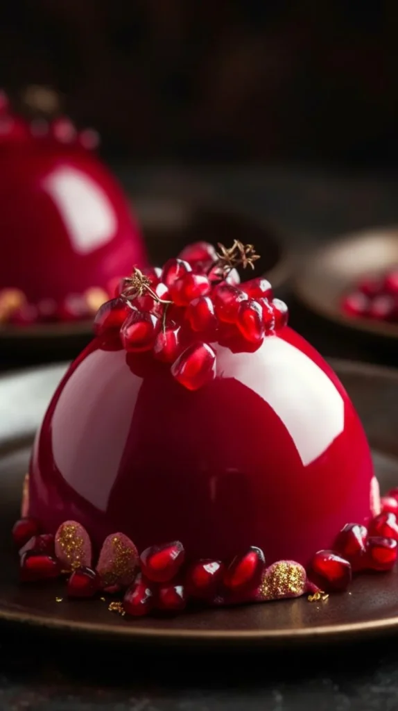 Glossy pomegranate mousse domes garnished with fresh pomegranate seeds.