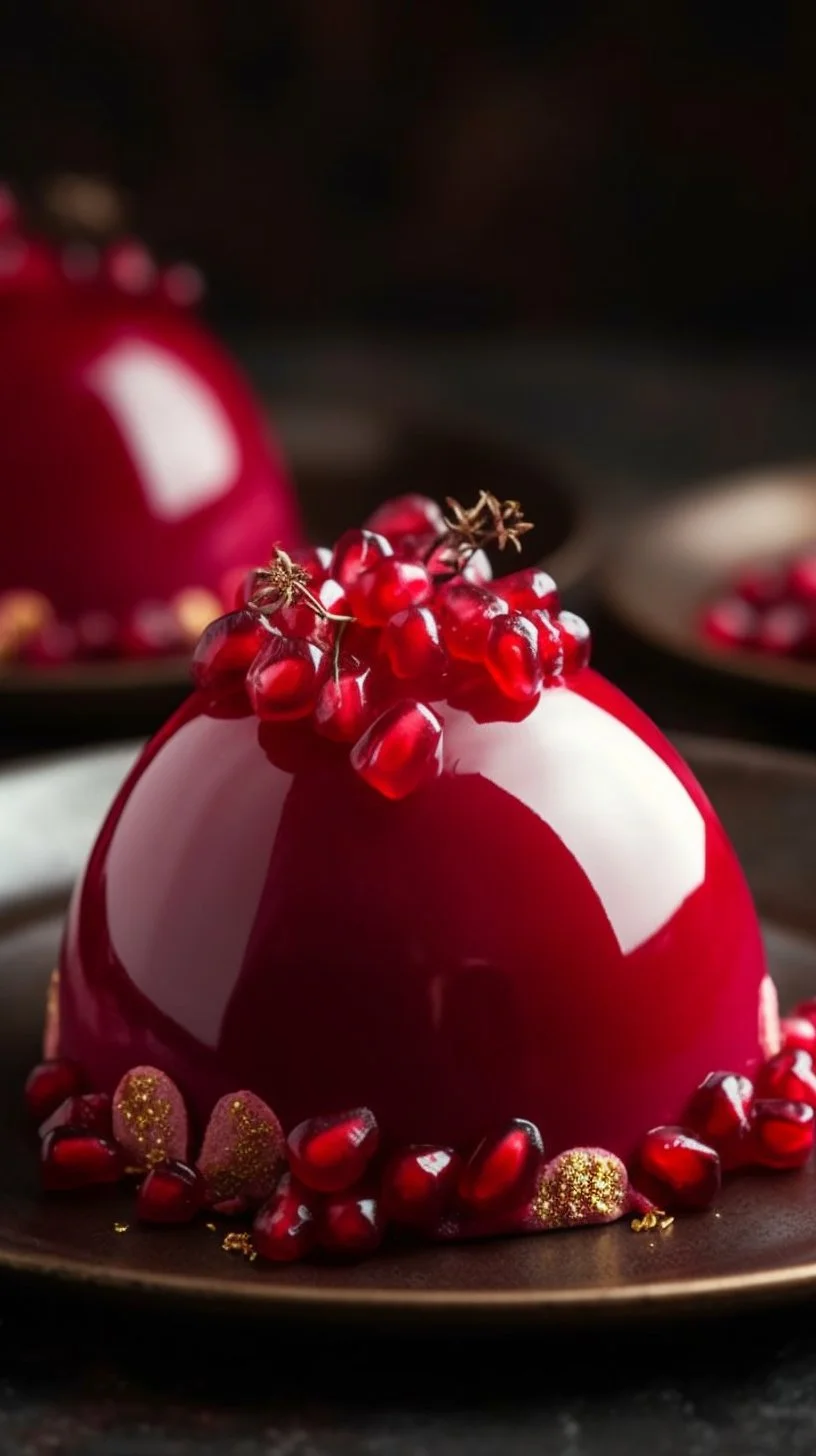 Glossy pomegranate mousse domes garnished with fresh pomegranate seeds.