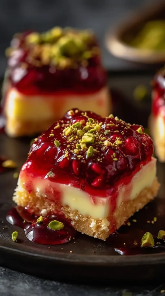 Gooey pistachio-crusted brie bites with raspberry honey glaze on a platter