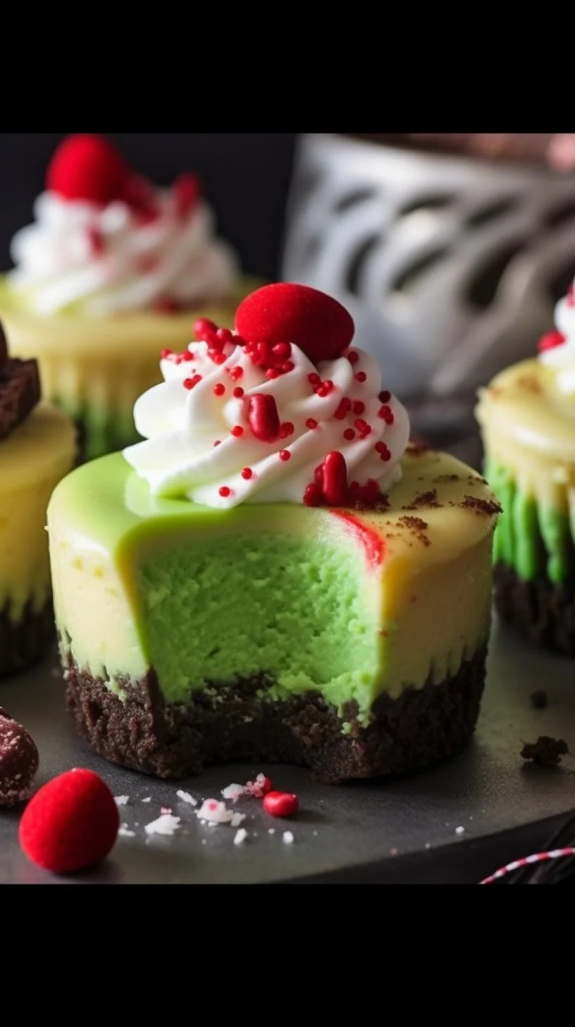 Grinch mini cheesecakes decorated for the holidays