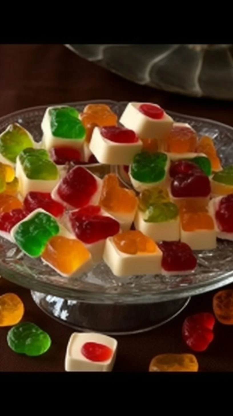 Colorful gumdrops and marshmallow treats on a festive platter