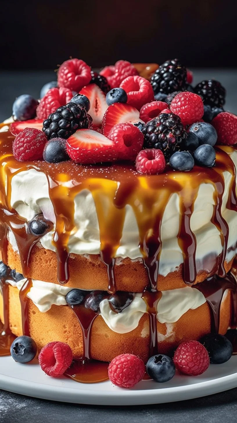Heaven on Earth Cake topped with whipped cream and cherries on a white plate