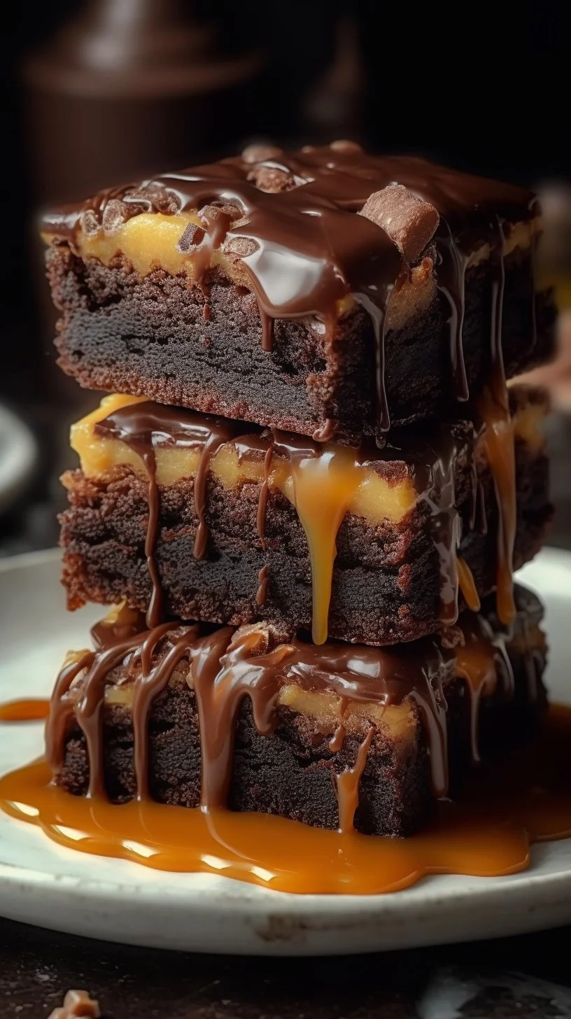 Delicious Milky Way caramel cheesecake brownies topped with caramel drizzle.