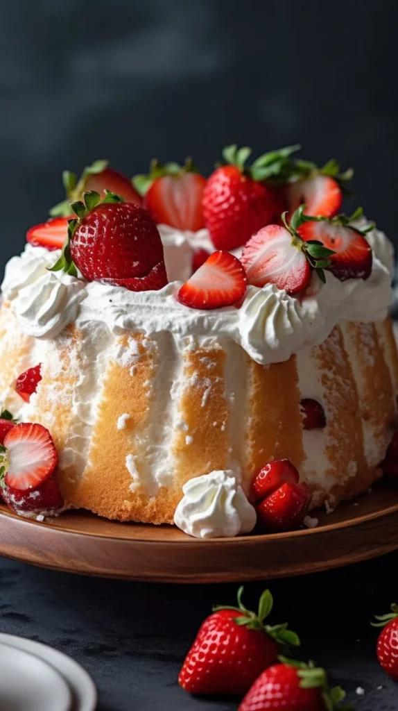 Heavenly Strawberry Angel Cake with fresh strawberries and whipped cream