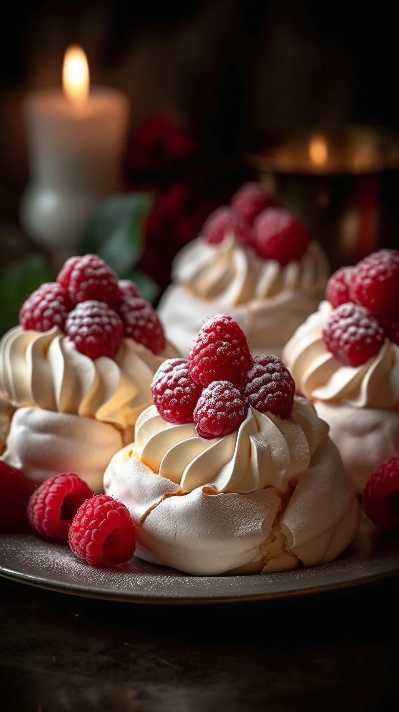 Holiday Pavlova Nests topped with whipped cream and fresh fruits