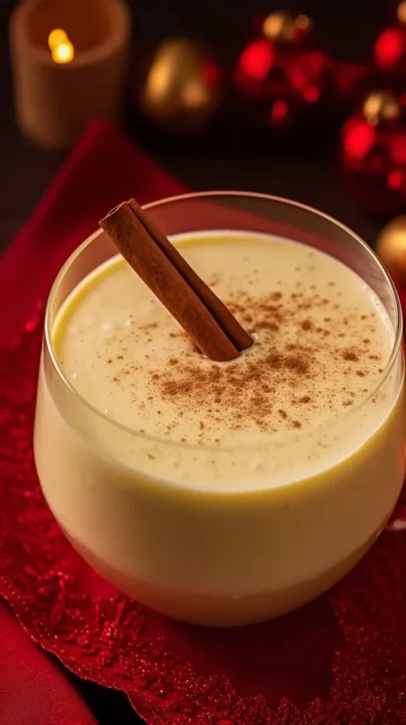 Decadent glass of homemade eggnog with cinnamon and nutmeg garnish