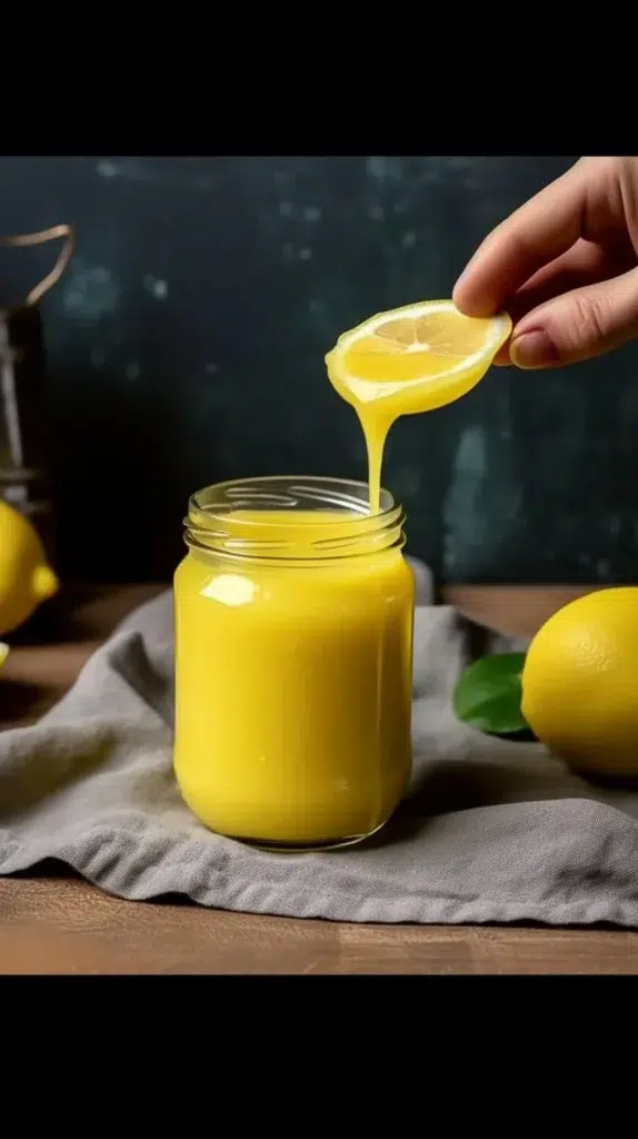 A jar of homemade lemon curd placed on a wooden table with fresh lemons.