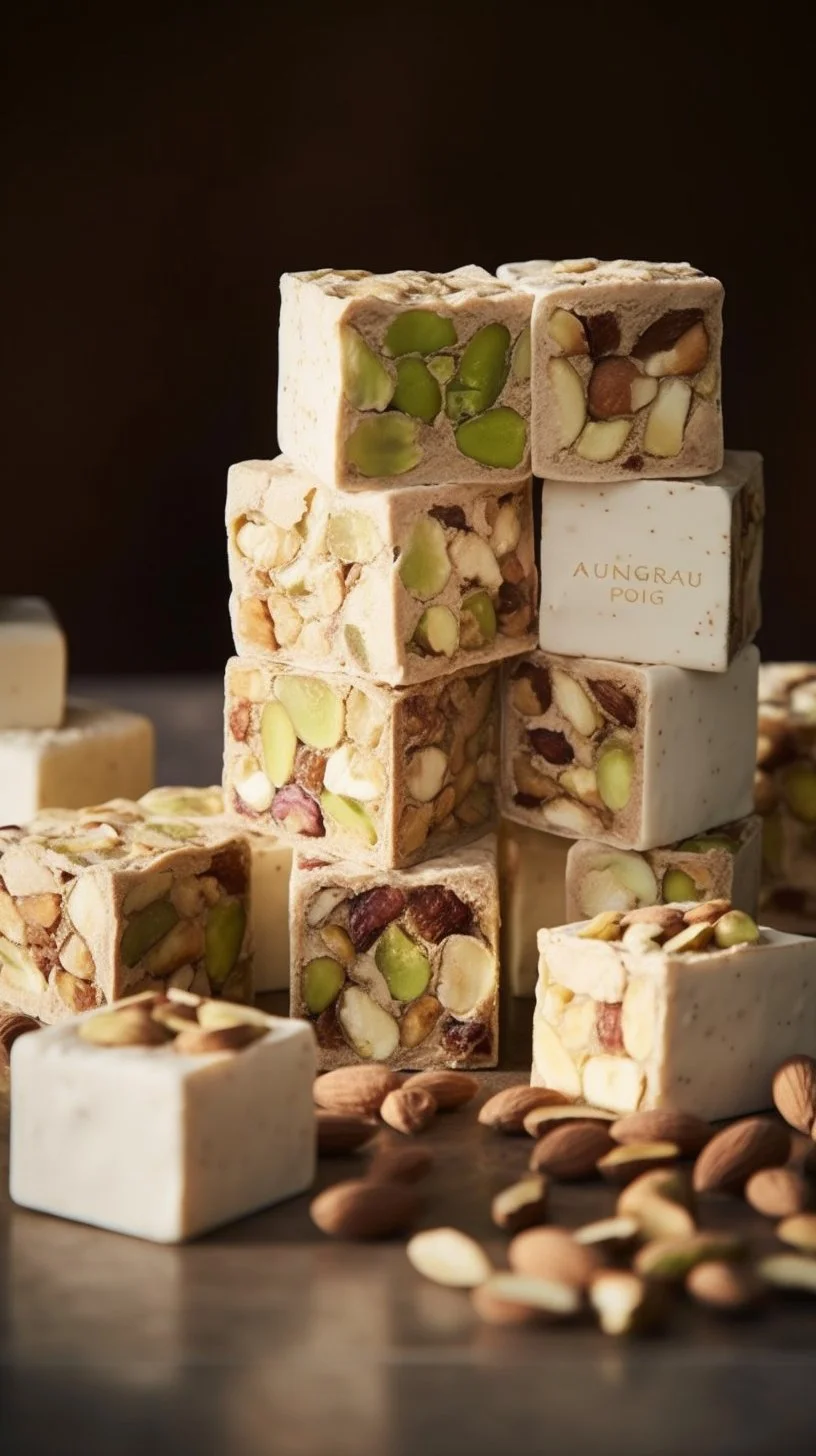 Delicious homemade torrone on a wooden board, a traditional Italian nougat treat.