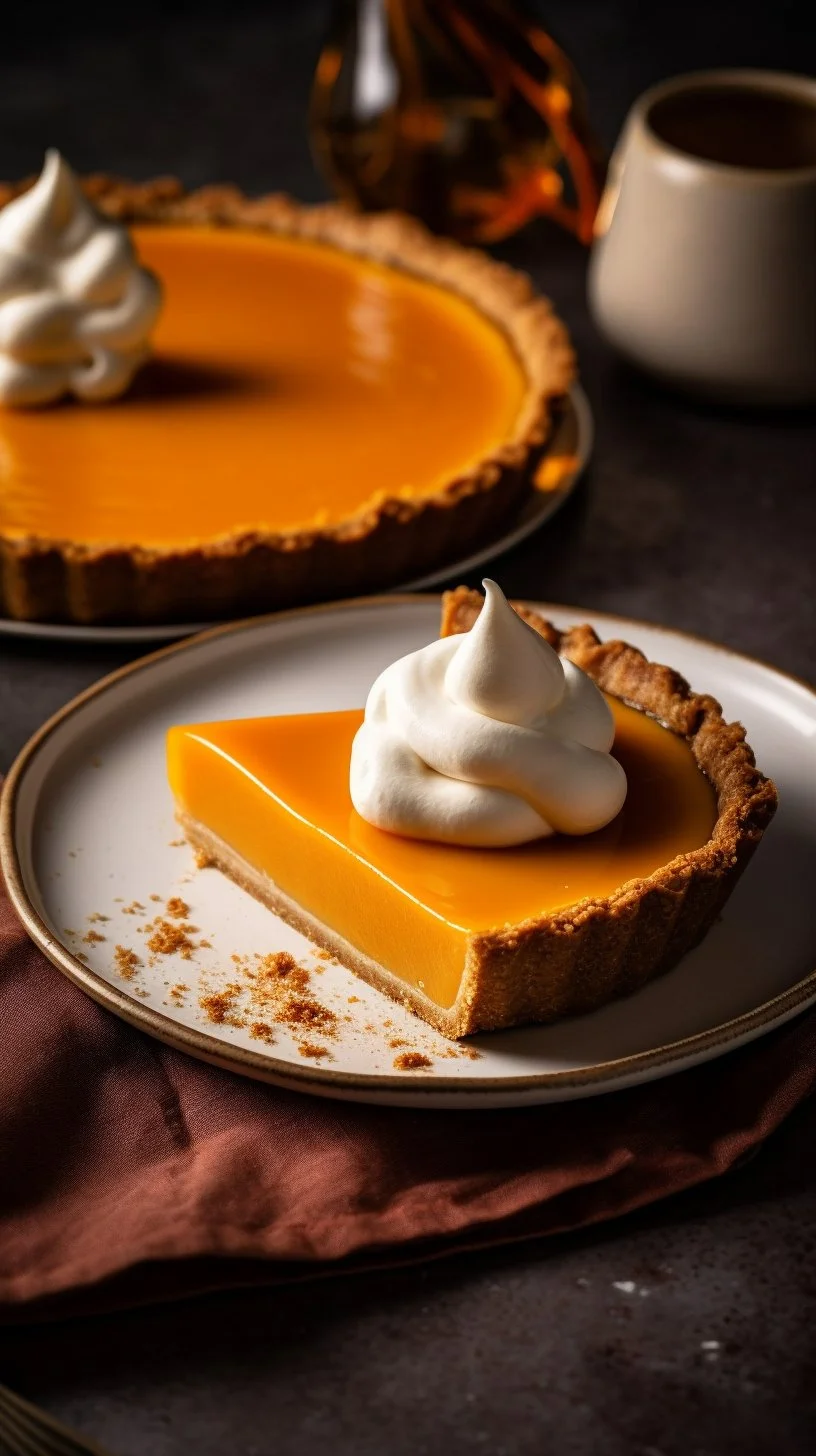 Slice of Honey Carrot Pie topped with honey drizzle and carrot shavings