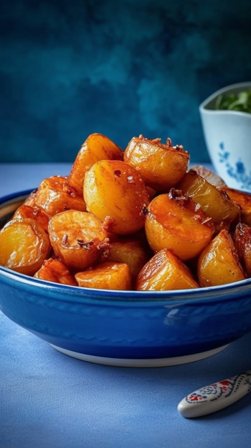 Golden honey glazed roasted potatoes served on a white plate.