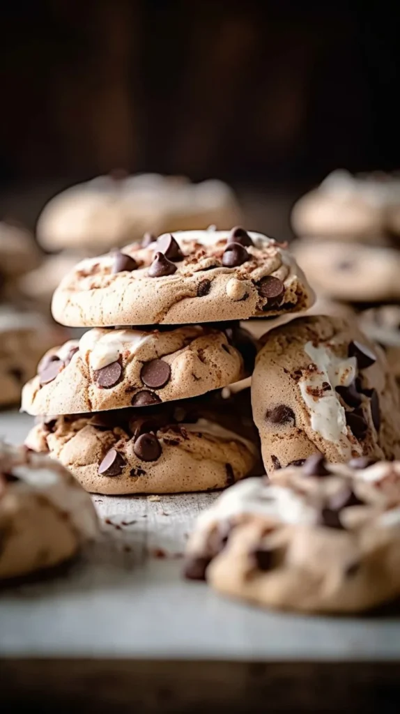 Hot cocoa meringue cookies topped with chocolate and marshmallows in a cozy setting.