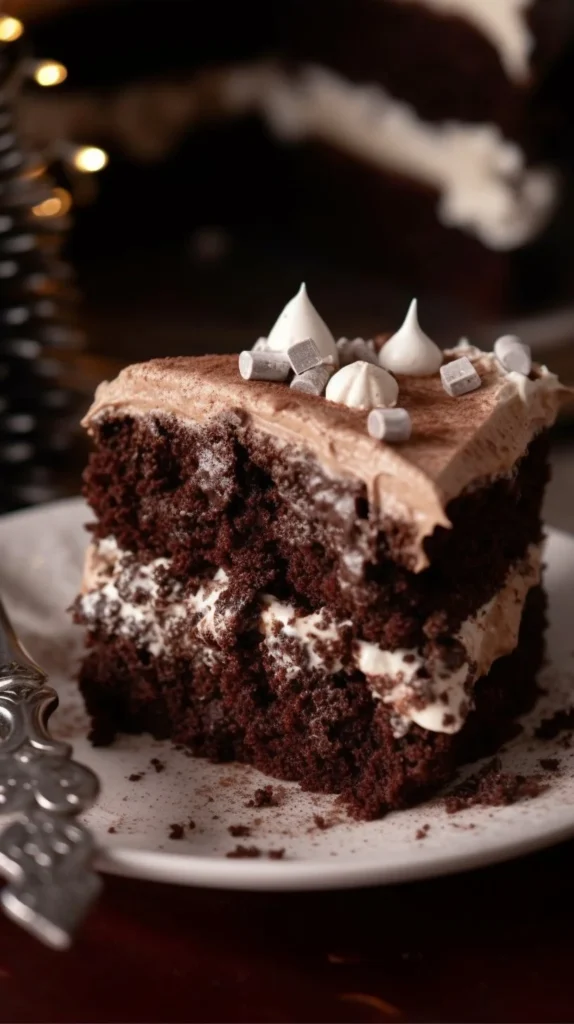 Delicious hot cocoa poke cake topped with whipped cream and marshmallows